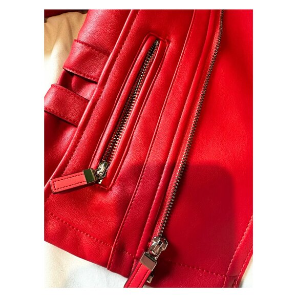 EXPRESS RED COLOR BLOCK MINUS THE Faux LEATHER MOTO JACKET COAT OUTERWEAR SMALL - Picture 4 of 9